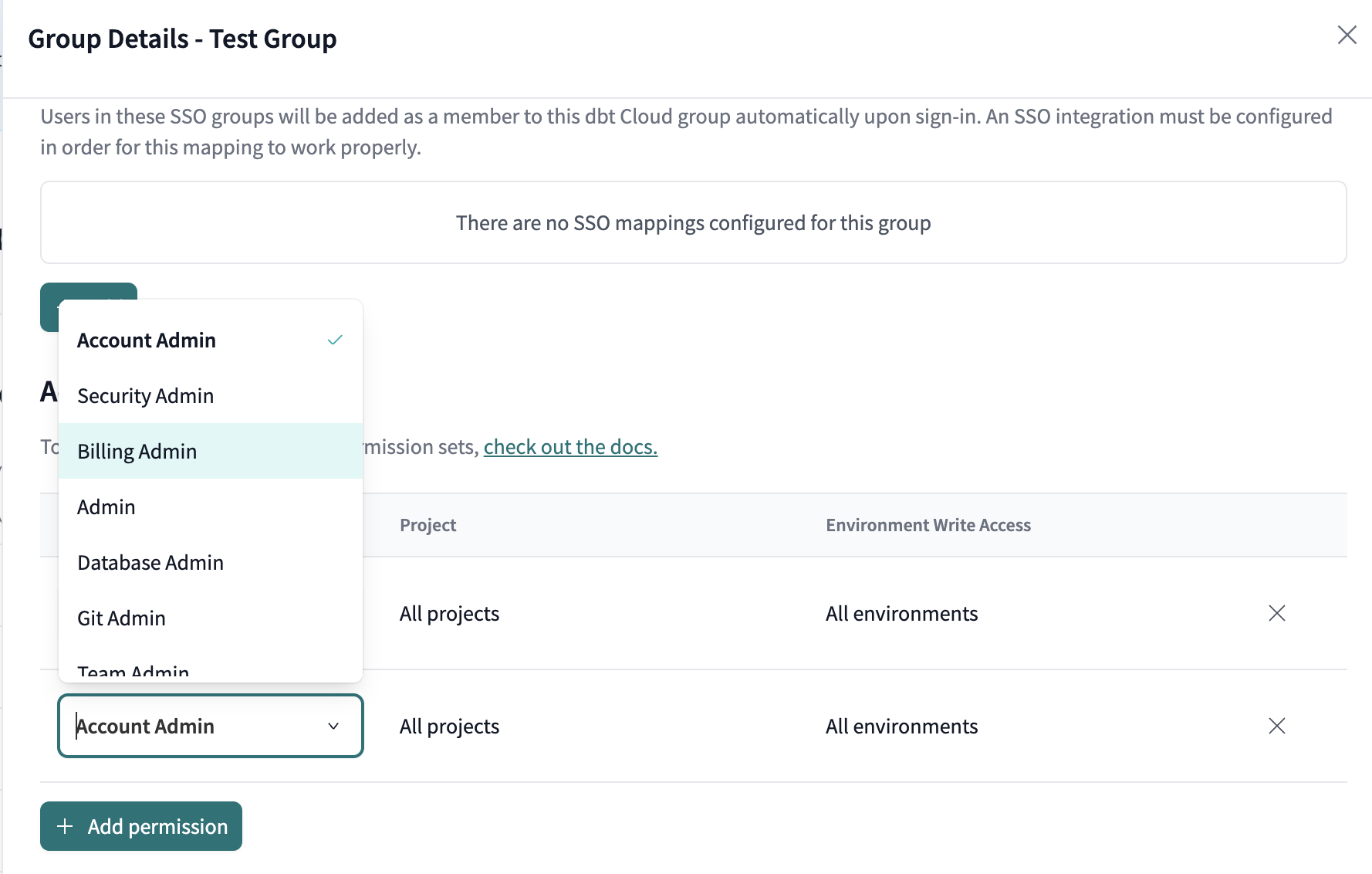 Example permissions dropdown while editing an existing group. Example permissions dropdown while editing an existing group.
